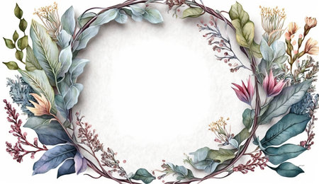 Floral botanical flower. Wedding background card floral decorative border. Leaves minimalistic frame. Plants, branches, Herbal. Greenery wedding square invitation. leaf, Watercolor, line drawing style.の素材