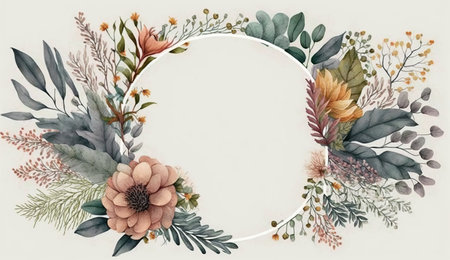 Floral botanical flower. Wedding background card floral decorative border. Leaves minimalistic frame. Plants, branches, Herbal. Greenery wedding square invitation. leaf, Watercolor, line drawing style.の素材