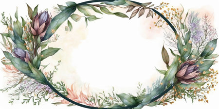 Floral botanical flower. Wedding background card floral decorative border. Leaves minimalistic frame. Plants, branches, Herbal. Greenery wedding square invitation. leaf, Watercolor, line drawing style.の素材