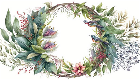 Floral botanical flower. Wedding background card floral decorative border. Leaves minimalistic frame. Plants, branches, Herbal. Greenery wedding square invitation. leaf, Watercolor, line drawing style.の素材