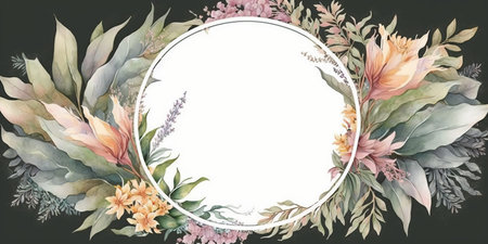 Floral botanical flower. Wedding background card floral decorative border. Leaves minimalistic frame. Plants, branches, Herbal. Greenery wedding square invitation. leaf, Watercolor, line drawing style.の素材
