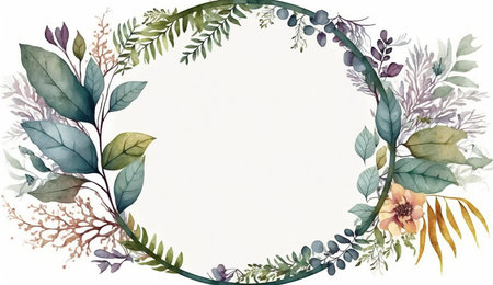 Floral botanical flower. Wedding background card floral decorative border. Leaves minimalistic frame. Plants, branches, Herbal. Greenery wedding square invitation. leaf, Watercolor, line drawing style.の素材