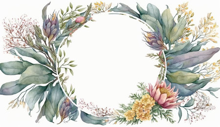 Floral botanical flower. Wedding background card floral decorative border. Leaves minimalistic frame. Plants, branches, Herbal. Greenery wedding square invitation. leaf, Watercolor, line drawing style.の素材