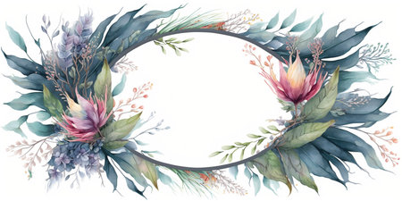 Floral botanical flower. Wedding background card floral decorative border. Leaves minimalistic frame. Plants, branches, Herbal. Greenery wedding square invitation. leaf, Watercolor, line drawing style.の素材