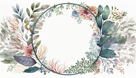 Floral botanical flower. Wedding background card floral decorative border. Leaves minimalistic frame. Plants, branches, Herbal. Greenery wedding square invitation. leaf, Watercolor, line drawing style.の素材