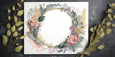 Floral botanical flower. Wedding background card floral decorative border. Leaves minimalistic frame. Plants, branches, Herbal. Greenery wedding square invitation. leaf, Watercolor, line drawing style.の素材