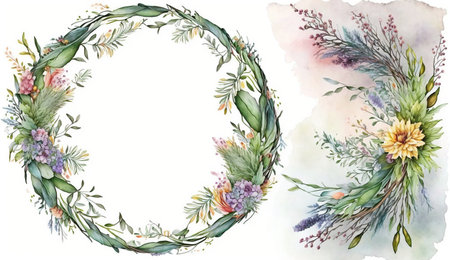 Floral botanical flower. Wedding background card floral decorative border. Leaves minimalistic frame. Plants, branches, Herbal. Greenery wedding square invitation. leaf, Watercolor, line drawing style.の素材
