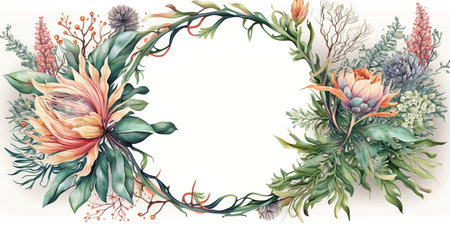 Floral botanical flower. Wedding background card floral decorative border. Leaves minimalistic frame. Plants, branches, Herbal. Greenery wedding square invitation. leaf, Watercolor, line drawing style.の素材
