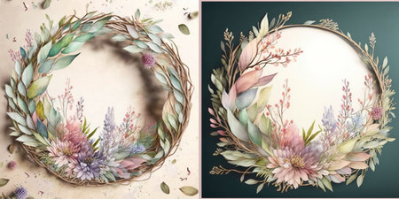 Floral botanical flower. Wedding background card floral decorative border. Leaves minimalistic frame. Plants, branches, Herbal. Greenery wedding square invitation. leaf, Watercolor, line drawing style.の素材