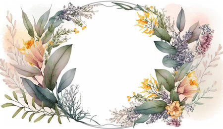Floral botanical flower. Wedding background card floral decorative border. Leaves minimalistic frame. Plants, branches, Herbal. Greenery wedding square invitation. leaf, Watercolor, line drawing style.の素材