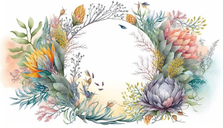 Floral botanical flower. Wedding background card floral decorative border. Leaves minimalistic frame. Plants, branches, Herbal. Greenery wedding square invitation. leaf, Watercolor, line drawing style.の素材