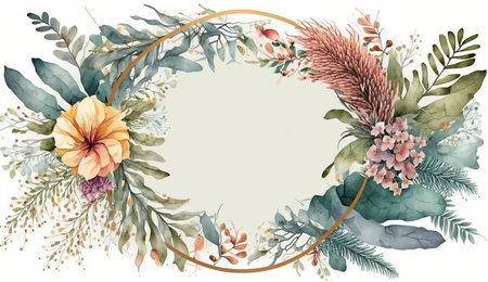 Floral botanical flower. Wedding background card floral decorative border. Leaves minimalistic frame. Plants, branches, Herbal. Greenery wedding square invitation. leaf, Watercolor, line drawing style.の素材