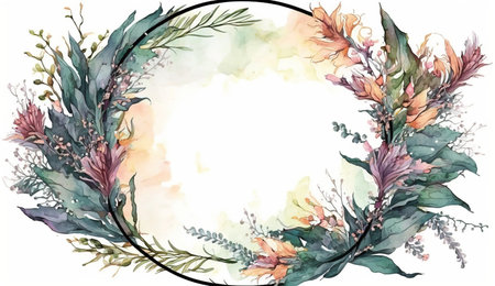 Floral botanical flower. Wedding background card floral decorative border. Leaves minimalistic frame. Plants, branches, Herbal. Greenery wedding square invitation. leaf, Watercolor, line drawing style.の素材