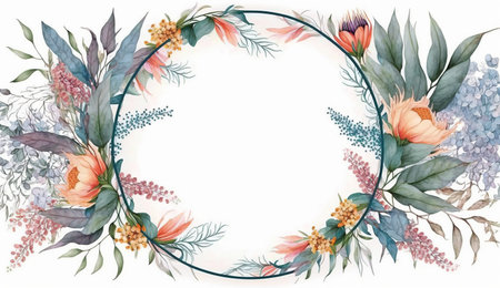 Floral botanical flower. Wedding background card floral decorative border. Leaves minimalistic frame. Plants, branches, Herbal. Greenery wedding square invitation. leaf, Watercolor, line drawing style.の素材