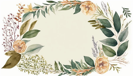 Floral botanical flower. Wedding background card floral decorative border. Leaves minimalistic frame. Plants, branches, Herbal. Greenery wedding square invitation. leaf, Watercolor, line drawing style.の素材