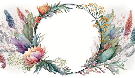 Floral botanical flower. Wedding background card floral decorative border. Leaves minimalistic frame. Plants, branches, Herbal. Greenery wedding square invitation. leaf, Watercolor, line drawing style.の素材