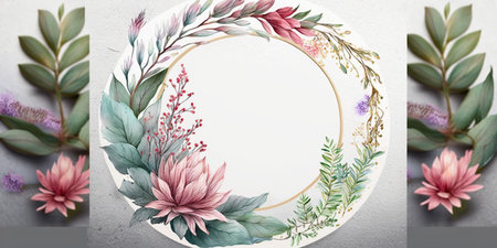 Floral botanical flower. Wedding background card floral decorative border. Leaves minimalistic frame. Plants, branches, Herbal. Greenery wedding square invitation. leaf, Watercolor, line drawing style.の素材
