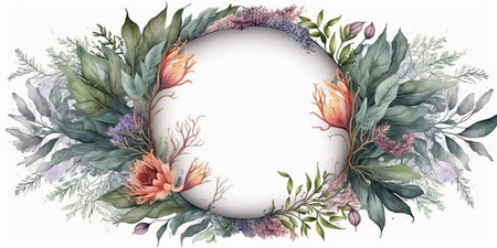 Floral botanical flower. Wedding background card floral decorative border. Leaves minimalistic frame. Plants, branches, Herbal. Greenery wedding square invitation. leaf, Watercolor, line drawing style.の素材