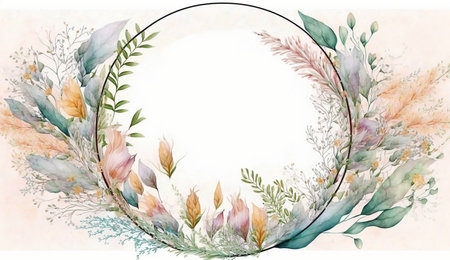 Floral botanical flower. Wedding background card floral decorative border. Leaves minimalistic frame. Plants, branches, Herbal. Greenery wedding square invitation. leaf, Watercolor, line drawing style.の素材