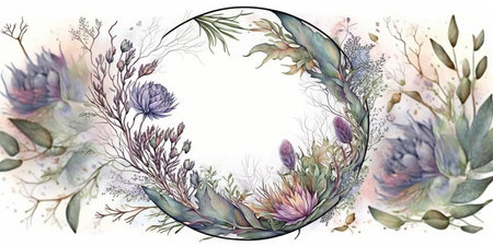 Floral botanical flower. Wedding background card floral decorative border. Leaves minimalistic frame. Plants, branches, Herbal. Greenery wedding square invitation. leaf, Watercolor, line drawing style.の素材