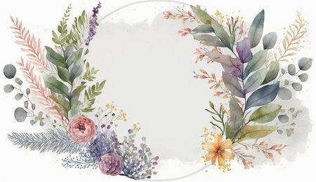 Floral botanical flower. Wedding background card floral decorative border. Leaves minimalistic frame. Plants, branches, Herbal. Greenery wedding square invitation. leaf, Watercolor, line drawing style.の素材