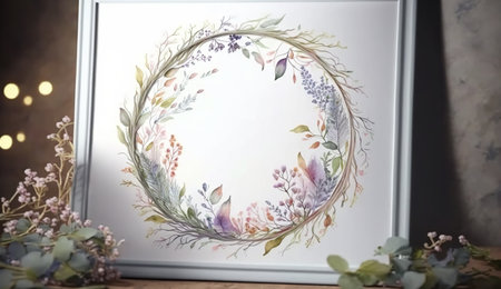 Floral botanical flower. Wedding background card floral decorative border. Leaves minimalistic frame. Plants, branches, Herbal. Greenery wedding square invitation. leaf, Watercolor, line drawing style.の素材