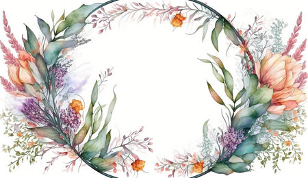 Floral botanical flower. Wedding background card floral decorative border. Leaves minimalistic frame. Plants, branches, Herbal. Greenery wedding square invitation. leaf, Watercolor, line drawing style.の素材