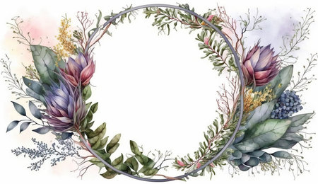 Floral botanical flower. Wedding background card floral decorative border. Leaves minimalistic frame. Plants, branches, Herbal. Greenery wedding square invitation. leaf, Watercolor, line drawing style.の素材