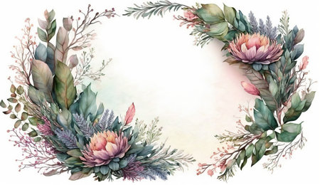 Floral botanical flower. Wedding background card floral decorative border. Leaves minimalistic frame. Plants, branches, Herbal. Greenery wedding square invitation. leaf, Watercolor, line drawing style.の素材