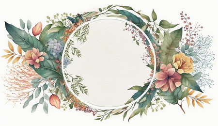 Floral botanical flower. Wedding background card floral decorative border. Leaves minimalistic frame. Plants, branches, Herbal. Greenery wedding square invitation. leaf, Watercolor, line drawing style.の素材