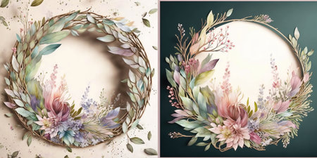 Floral botanical flower. Wedding background card floral decorative border. Leaves minimalistic frame. Plants, branches, Herbal. Greenery wedding square invitation. leaf, Watercolor, line drawing style.の素材