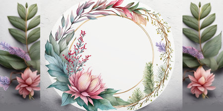 Floral botanical flower. Wedding background card floral decorative border. Leaves minimalistic frame. Plants, branches, Herbal. Greenery wedding square invitation. leaf, Watercolor, line drawing style.の素材