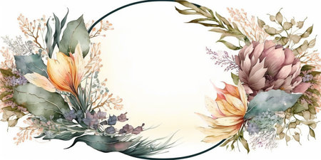 Floral botanical flower. Wedding background card floral decorative border. Leaves minimalistic frame. Plants, branches, Herbal. Greenery wedding square invitation. leaf, Watercolor, line drawing style.の素材