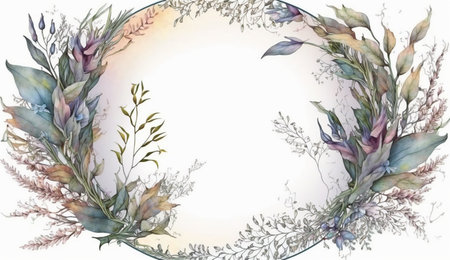 Floral botanical flower. Wedding background card floral decorative border. Leaves minimalistic frame. Plants, branches, Herbal. Greenery wedding square invitation. leaf, Watercolor, line drawing style.の素材