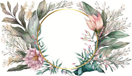 Floral botanical flower. Wedding background card floral decorative border. Leaves minimalistic frame. Plants, branches, Herbal. Greenery wedding square invitation. leaf, Watercolor, line drawing style.の素材