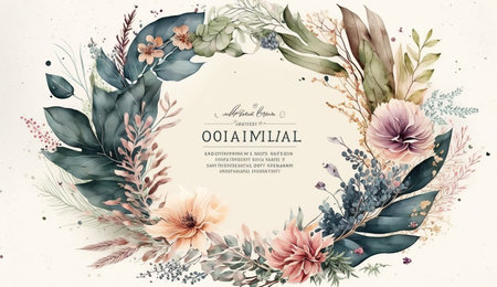 Floral botanical flower. Wedding background card floral decorative border. Leaves minimalistic frame. Plants, branches, Herbal. Greenery wedding square invitation. leaf, Watercolor, line drawing style.の素材