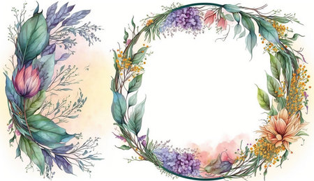 Floral botanical flower. Wedding background card floral decorative border. Leaves minimalistic frame. Plants, branches, Herbal. Greenery wedding square invitation. leaf, Watercolor, line drawing style.の素材