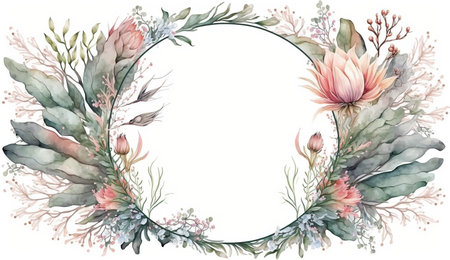 Floral botanical flower. Wedding background card floral decorative border. Leaves minimalistic frame. Plants, branches, Herbal. Greenery wedding square invitation. leaf, Watercolor, line drawing style.の素材
