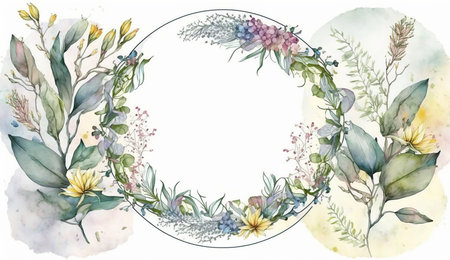 Floral botanical flower. Wedding background card floral decorative border. Leaves minimalistic frame. Plants, branches, Herbal. Greenery wedding square invitation. leaf, Watercolor, line drawing style.の素材