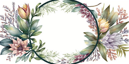 Floral botanical flower. Wedding background card floral decorative border. Leaves minimalistic frame. Plants, branches, Herbal. Greenery wedding square invitation. leaf, Watercolor, line drawing style.の素材