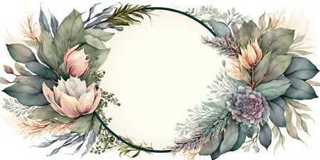 Floral botanical flower. Wedding background card floral decorative border. Leaves minimalistic frame. Plants, branches, Herbal. Greenery wedding square invitation. leaf, Watercolor, line drawing style.の素材