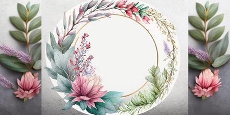 Floral botanical flower. Wedding background card floral decorative border. Leaves minimalistic frame. Plants, branches, Herbal. Greenery wedding square invitation. leaf, Watercolor, line drawing style.の素材