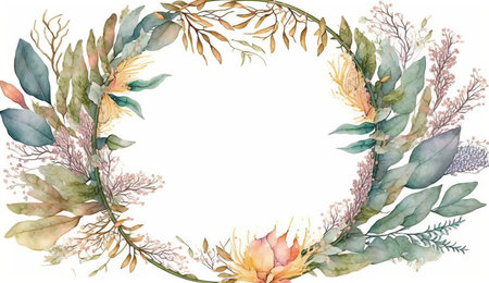 Floral botanical flower. Wedding background card floral decorative border. Leaves minimalistic frame. Plants, branches, Herbal. Greenery wedding square invitation. leaf, Watercolor, line drawing style.の素材
