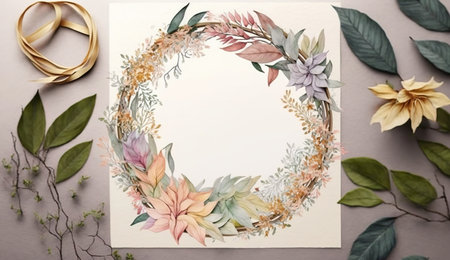 Floral botanical flower. Wedding background card floral decorative border. Leaves minimalistic frame. Plants, branches, Herbal. Greenery wedding square invitation. leaf, Watercolor, line drawing style.の素材
