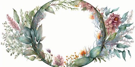 Floral botanical flower. Wedding background card floral decorative border. Leaves minimalistic frame. Plants, branches, Herbal. Greenery wedding square invitation. leaf, Watercolor, line drawing style.の素材