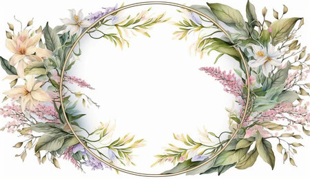 Floral botanical flower. Wedding background card floral decorative border. Leaves minimalistic frame. Plants, branches, Herbal. Greenery wedding square invitation. leaf, Watercolor, line drawing style.の素材
