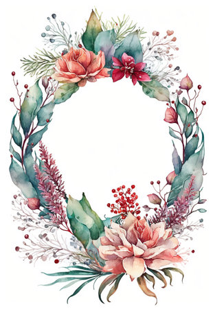 Floral botanical wreath watercolor. Wedding background card floral decorative border. Leaves minimalistic frame. Plants, branches, Herbal. Greenery wedding invitation. leaf, Watercolor, line drawing style.の素材