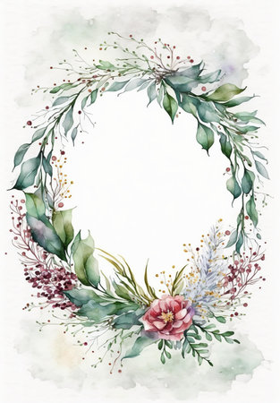 Floral botanical wreath watercolor. Wedding background card floral decorative border. Leaves minimalistic frame. Plants, branches, Herbal. Greenery wedding invitation. leaf, Watercolor, line drawing style.の素材