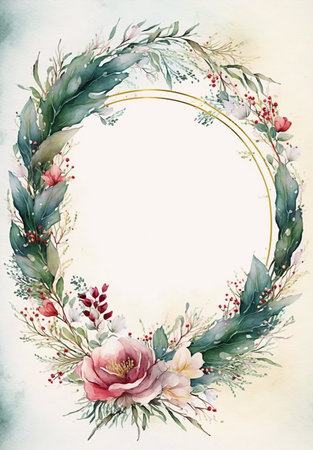 Floral botanical wreath watercolor. Wedding background card floral decorative border. Leaves minimalistic frame. Plants, branches, Herbal. Greenery wedding invitation. leaf, Watercolor, line drawing style.の素材