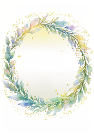 Floral botanical wreath watercolor. Wedding background card floral decorative border. Leaves minimalistic frame. Plants, branches, Herbal. Greenery wedding invitation. leaf, Watercolor, line drawing style.の素材